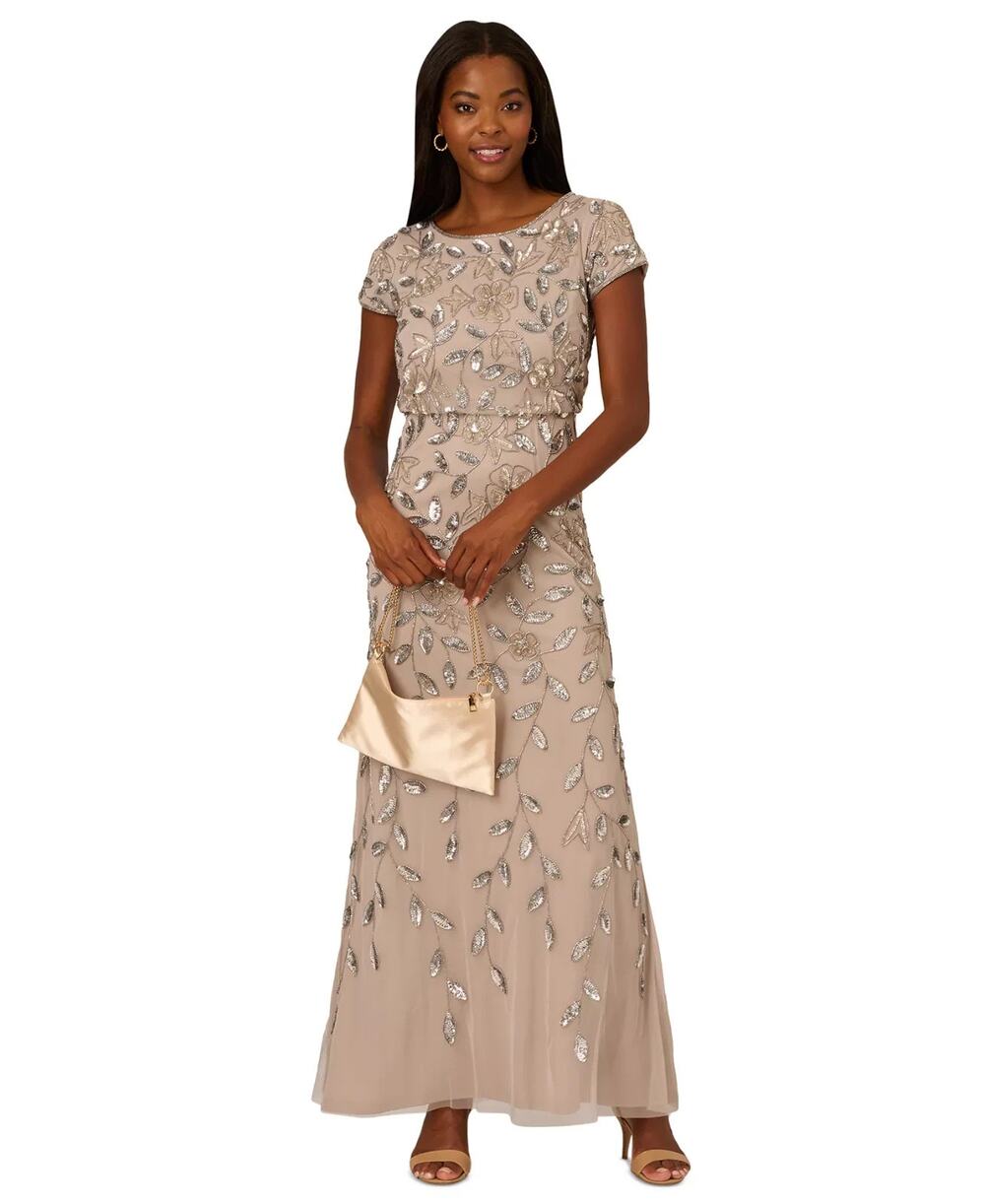 NWT $279 Adrianna Papell Women size 12 Mocha Blouson Beaded Long Formal Gown